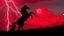 Placeholder: full silhouette of a horse rearing up(on right, facing left, outlined by lightning), red cloudy sky, lightning bolts(from top left, to bottom right), fantastic illustration