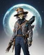 Placeholder: terrifingly cute cyberpunk scarecrow holding a crow, in the style of Android Jones, photography, head to toe, full body shot, white, navy blue grey, very detailed, very clear photo, 3D,