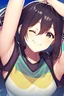 Placeholder: Close up of trendy anime Girl standing on edge of cliff, head towards the sky, eyes closed, sun on face, thankful and smiling, arms open in the air