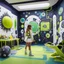 Placeholder: photo-realistic and highly detailed, weird but also humorous, this big room sees very cute girl in neo-dada outfit playing alien creatures in a 4D psionic competition. It is a playroom with surreal boho wall art, white, black, mustard, lime green, indigo geometric paintings, abstract sci-fi dream aesthetic