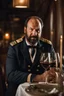 Placeholder: half figure shot photography of a 42 years old serious sicilian waiter in uniform, similar to Bud Spencer, shaved hair, muscular bearded strong chubby man with hands in the pockets, in an elegant empty restaurant, bulge, bullneck, manly chest, unshaved, short hair, photorealistic, dim light , side light, view from the ground