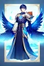 Placeholder: a person in runic armor with blue wings, blue short hair, runic tattoo and spell book, male