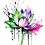 Placeholder: Minimal drawing of a water lily with black ink and filled with abstract watercolor, pink, purple and green, background mostly white, like a canvas.