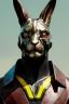 Placeholder: Medium Close Up Portrait, Front image. cyberpunk, rabbit mask helmet, strong man, titanium hair. Latex suit. Brown, yellow, color. Conan style. Color background, photo studio. Avatar image, highly detailed, concept art, smooth, unreal engine 5, ray tracing, RTX, lumen lighting, ultra detail, volumetric lighting, 3d, finely drawn, high definition, high resolution.