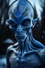 Placeholder: holographic simulation, beautiful xenobiotic alien man demon, scandinavian black tattoo on the body, super detailed face, blue eyes, against the backdrop of old dzherevyanny houses in the winter forest, falling snow in winter, professional photo, 4k, high resolution, high detail, close-up, octane, body art, patterns, lavender color, silver wire, artistic elven fantasy, filigree, dark botany, ultra detail, dark botany, photorealistic image