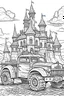 Placeholder: "a medieval-themed monster truck in front of a castle", coloring page for kids, clean line art, simple detailed, no background, white, black, ((((( simple detailed ))))), coloring book, cartoon style, free lines