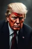 Placeholder: Portrait of Donald trump, half cyborg, metal showing under skin, one red eye