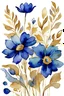 Placeholder: watercolor abstract big BLUE flowers with golden outlines on white background