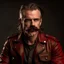 Placeholder: Biker in brown leather jacket, red t-shirt, with mustache, long red low ponytail, freckles and grey eyes