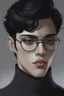 Placeholder: Short black hair, light skin, black skin tight turtle neck clothing, black round glasses, earrings, grey eyes, black eye shadow, round face, man