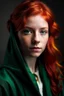 Placeholder: A girl with red hair and green eyes and she is wearing a Hogwarts robe