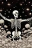 Placeholder: (((skeleton))) Peaceful, Jean Giraud, man, floating upwards, night sky filled with galaxies and stars, trees, flowers, black ink, one-line drawing, sharp focus, 8k, 3d