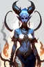 Placeholder: A full body image of this tiefling woman she has fire powers, she is floating she has lots of jewelry and the horns of a ram and also the horns of a gazelle, her outfit is white and her body is covered in tribal tattoos, she is about to attack