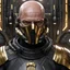 Placeholder: star wars bald male corellian pilot wearing pearlescent black and gunmetal grey First Order special forces heavy assault stealth commando armor and helmet with gold trim inside the jedi temple, hyperdetailed, dynamic lighting, hyperdetailed background, 8k resolution, volumetric lighting, light skin, fully symmetric details