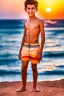 Placeholder: full body image of a beautiful 12 year old arabic boy with shoulder long, blonde curly hair and light blue eyes, smiling, shirtless, in front of an distant beach, sunset, photorealistic