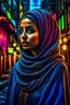 Placeholder: a beautiful Arabian girl in hijab , set against a gritty urban backdrop, The image should be highly detailed and intricate, with a sharp focus on the woman's features, and a neon color palette that pops against the dark background, the style should be reminiscent of street art and urban culture, with exaggerated and stylized features that give the portrait a larger-than-life feel, trending on artstation and instagram, art inspirations include banksy, Shepard Fairey, and lady pink.