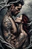 Placeholder: Multiple entanglements between a twisted thin piece of cloth as part of many twisted and spiraling branches disappearing into the distant mist, epic photo, 2 beautiful lovers are embracing, stunning tattoos that intwine with eachothers tattoos,sharp on highly detailed skin with wrinkles and high contrast, photorealistic, explosion of extacy,4K, 3D, realism, hyperrealism, detail, good lighting, detailed texture, modern photography style, 3D, 4D, 4K