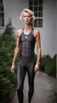 Placeholder: photography of a beautiful anorexic woman, anthracite satin triathlon top, sports illustrated, platinum blond short wavy bob haircut, pronounced sternum, flat chest, anthracite short leggins