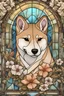 Placeholder: stained glass window design of a Shiba Inu framed with vector flowers, long shiny, wavy flowing hair, polished, ultra-detailed vector floral illustration mixed with hyper realism, muted pastel colours, vector floral details in the background, muted colours, hyper-detailed ultra intricate overwhelming realism in a detailed complex scene with magical fantasy atmosphere, no signature, no watermark