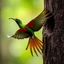 Placeholder: A Resplendent Quetzal is captured mid-flight as it approaches a tree trunk, likely returning to its nest. The bird's vivid green and red plumage shines brightly, with its long, flowing tail feathers trailing behind it. Its wings are spread wide, and its small feet are extended as it prepares to land. The Quetzal is holding a small insect in its beak, emphasizing its role in feeding its young. The background is softly blurred, with shades of green and brown that suggest a forest environment, crea