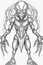 Placeholder: outline art An evolved alien.Of the black species. And metal .From Ben 10 cartoon cinematic lighting, high resolution 3D render art coloring pages with witch, white background, Sketch style, full body, use outline, Mandala style, clean line art, white background, no shadows and clear and well