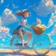 Placeholder: A girl is riding a bicycle on the beach. His cat is sitting in the front basket of the bicycle. Spring flowers can be seen everywhere. Beautiful blue sky with white clouds - kites in the sky. sense of peace. digital art, anime, 8k, full details, colorful, high resolution