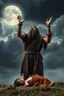 Placeholder: A Stone Age man with long hair and beard wearing an animal skin cloths standing with anger , looking up to the sky , raising both hands up like prayer. His baby who is laying dead on the ground, A cloudy stormy behind a dim lighting moon ,4k, dramatic scene,