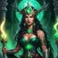 Placeholder: TALES OF HORROR AND SEDUCTION! A scene of decadent raw power. Subject: A low-angle portrait capturing a fierce, youthful woman druid. Crowned in celestial iron and adorned with the relics of a realm long vanished, the Starborn Queen stands. Her eyes flash with emerald malice and seductive intent, looking directly into the lens. At her hip, a gnarled wooden staff in her left hand, grips a stone-tipped dagger. She stands beneath a bleeding sky. Her right hand gestures subtly, conjuring swirling, v