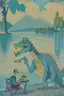 Placeholder: Eating a dinosaur by the lake in a Picasso style