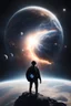 Placeholder: A figure wearing a black backpack deep in a supernova overlooking planet Earth