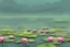 Placeholder: foggy lake at sun rise water lilies with sitting frogs on them background anime style high detale add more yellows\