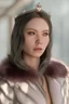 Placeholder: evil ice princess, with crown, wearing fur, in front of ice castle