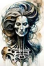 Placeholder: Picasso and Peter Gric style ink wash and watercolor, full body illustration of a biomechanical woman , highly detailed facial features, mixed to anatomical body view, visible skeleton, wildly flowing hair, 8k octane, all in focus, clean face, no grain, concept art