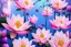 Placeholder: a magical crystal flower lotus magnolia lys bougainvillier, blue gold house indian palace castle in the woods, magnolias pink,blue lake,sun,white swanns,pink vertical, blue lake,sharp, vines, candlelit, endor, ornate, elegant, highly detailed, artstation, concept art, smooth, sharp focus, illustration, 8k, splash art, wallpaper, key visual