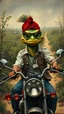 Placeholder: A man with a Lizard face wearing a Fez and eyeglasses on a motorbike, in a forgotten battlefield overrun by vegetation, cutesy tiktok detailed oil painting, grainy, old style