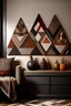 Placeholder: Paint rectangular canvases in different sizes Arrange triangles in a tribal-inspired pattern, forming a rich and intricate tapestry across the wall. Color Palette: Earthy brown, terracotta red, desert sand, deep black.