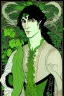 Placeholder: young half-Elf nobleman with green thumbs and 2 vine-like tentacles with black hair and green eyes and green thumbs with claws in the style of Aubrey Beardsley