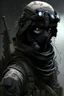 Placeholder: A soldier in the game modern warfare, he wears a solid black creepy helmet that covers his face. He is a sniper, but can also run point. His call sign is Wraith. With him is a woman