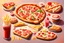 Placeholder: Pizza, sandwich, baguette bread, french fries, pizza cheese, soft drink and sauce