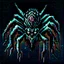 Placeholder: Digital, high quality pixel art illustration of Venomous spider with sharp fangs, radiating eerie aura in airbrush fade, 80s airbrush artwork style, bright caolored retro ... pixel art 16bit retro style .., gothic spider art, creature feature