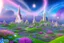 Placeholder: fairy and cosmic landscape with blue grass, magic plants, sky with light and stars. fairy white little castle with diamond. a big with bright spaceship with light