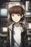 Placeholder: illustration of lain iwakura from the anime serial experiments lain, x-shaped hair accessory on right sidelock, brown hair, brown eyes, black jacket, unzipped, white t-shirt, background full of decrepit technology, wires, screens, computers, old, sketchy