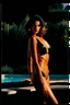 Placeholder: undressed supermodel, realistic analog photography from the 90's, polaroid colors, helmut newton, summer evening, pool, playboy, playmate , sundown, very beautiful face and browned skin, France