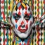 Placeholder: Creepy harlequin jester 2/3 portrait who directly behind has an infinite number of identical copies that stretch on and on infinitely into the horizon, optical illusion, mind-bending surreal image, dark colors, harlequin pattern, dramatic depth of field.