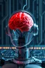 Placeholder: Photo of red brain on robot face inside A glass cylinder connected with wires to main computer