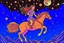 Placeholder: a long, brown-haired girl rides a horse dynamically across the night sky, leaping over a pile of different cookies. Shining moon, in starshine