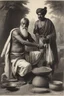 Placeholder: A Indian blacksmith seat on ground and work something with a Indian king standing in front of him and a bag of sandalwood on one side, the king pointing towards the Bag.