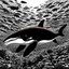 Placeholder: a very detailed orca in the ocean surrounded by a school of little fishes. Realistic, underwater world, enchanting, dangerous.