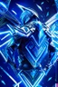 Placeholder: neon blue, flying parts of armor in form of triangles, cyber armor, geometric patterns on armor, male, orbiting triangle