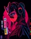 Placeholder: vector t-shirt design ready to print, cyberpunk, illustration profile of neons lights red led female samurai in a mask, wearing over head headphones staring down, side view looking to the right, tokyo Japanese background, pro vector, high detail, vibrant neons, Japanese hologram symbols, barcode design